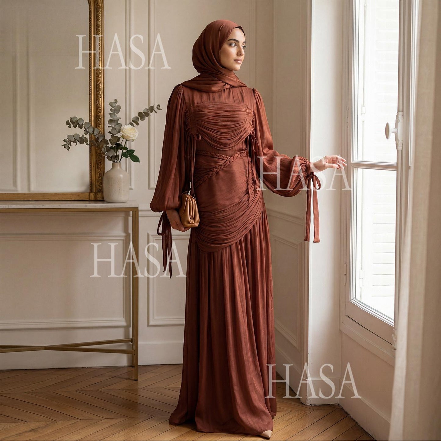 HASA HS6803 Chic Ruched Maxi Dress with Elegant Flow