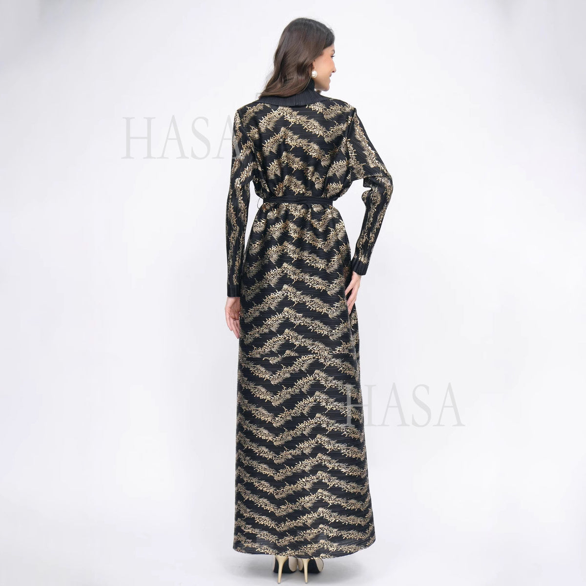 HS5838 Gold-stamped Pleated Long Cardigan with Belt