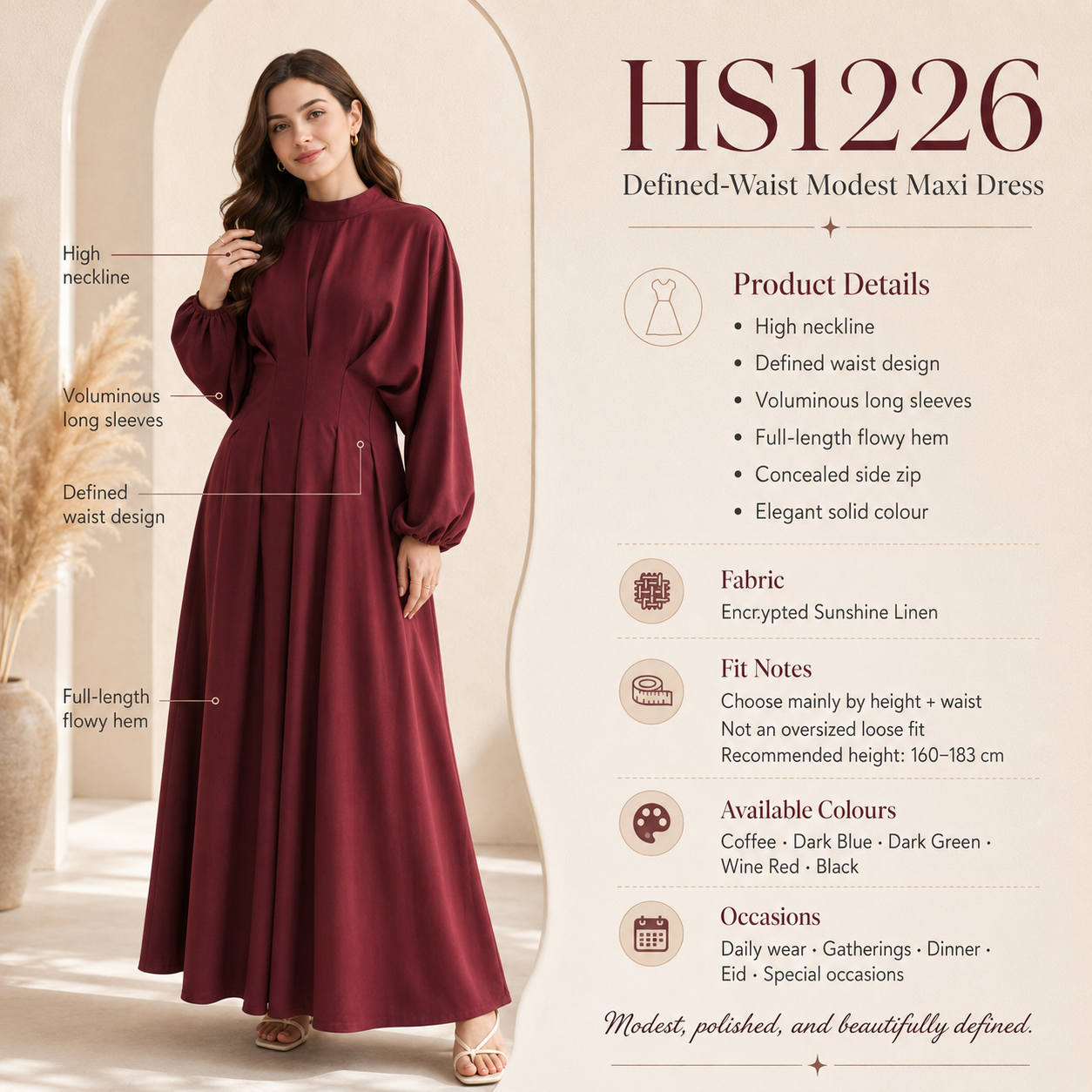 HS1226 Sculpted-Waist Modest Maxi Dress