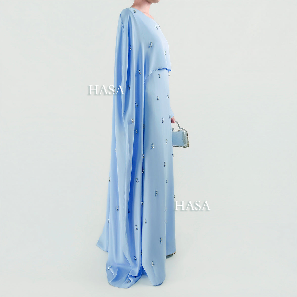 HS6505 Beaded Maxi Dress with Attached Cape Overlay