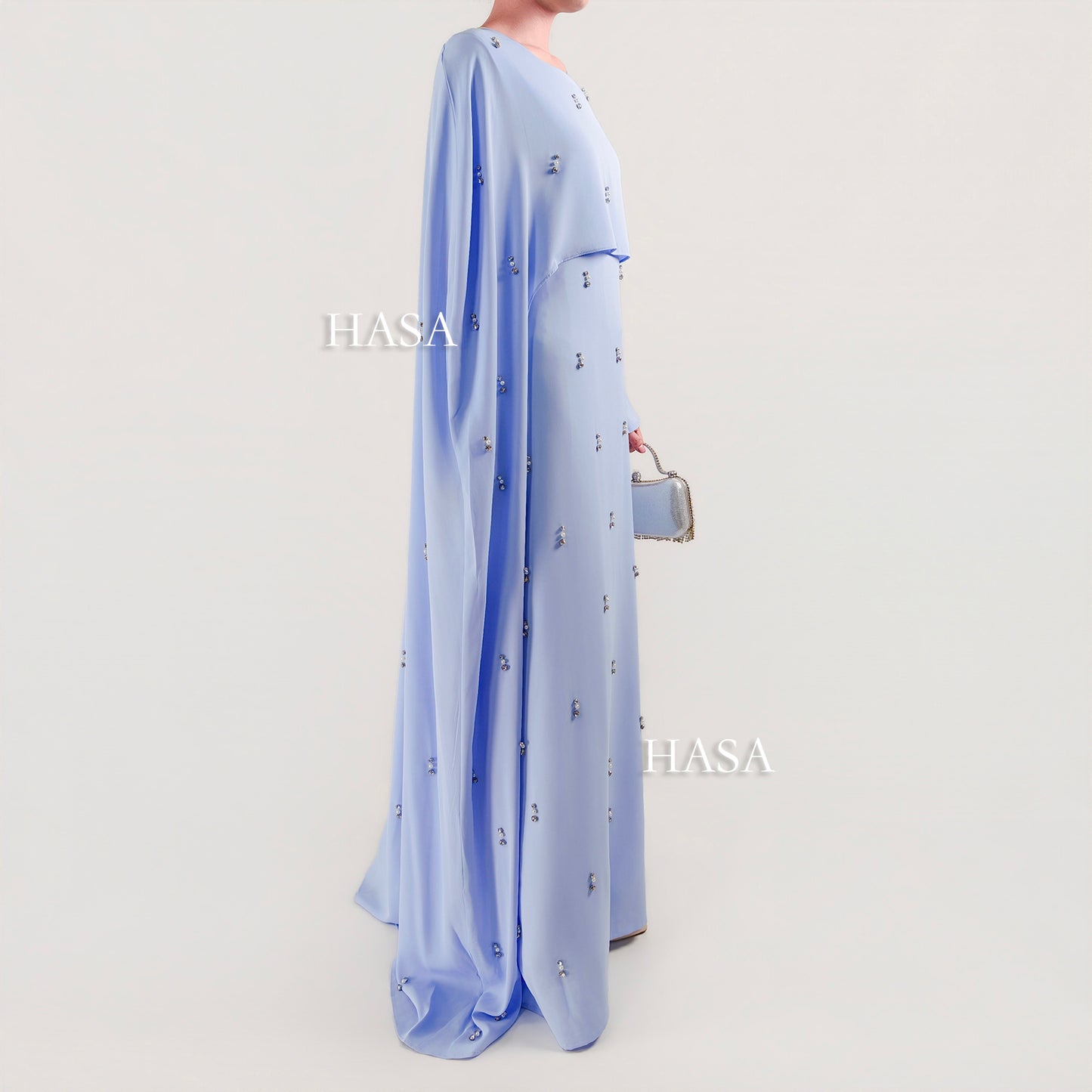 HS6505 Beaded Maxi Dress with Attached Cape Overlay