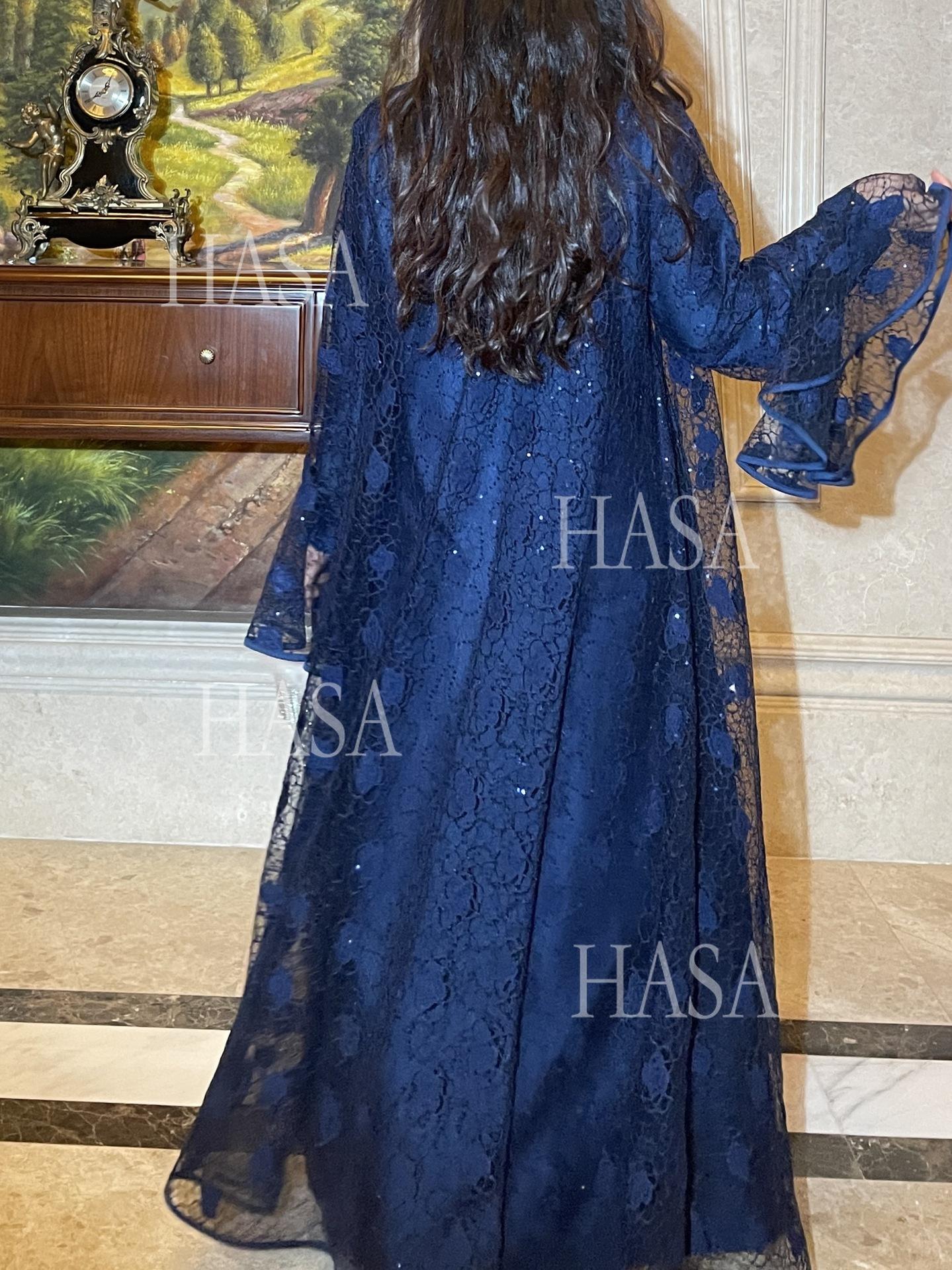 HS6488 Two-piece long dress with flared sleeves and lace sequined cape