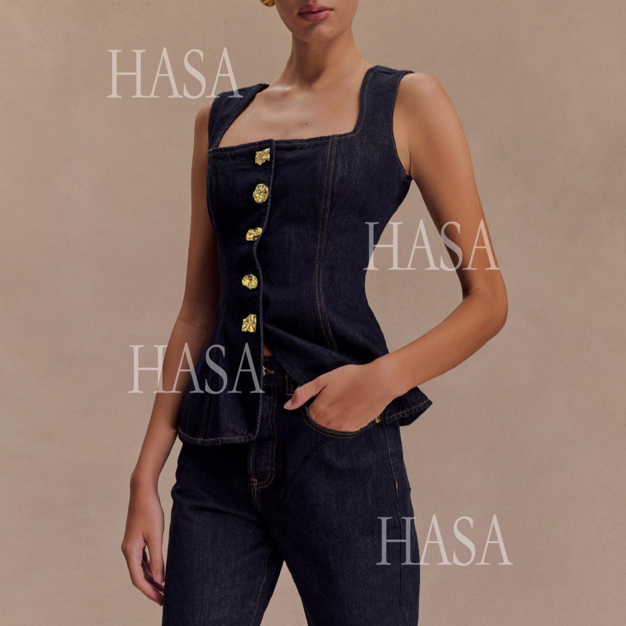 HASA HS6253 Trendy Structured Denim Co Ord Set with Gold Button Detail