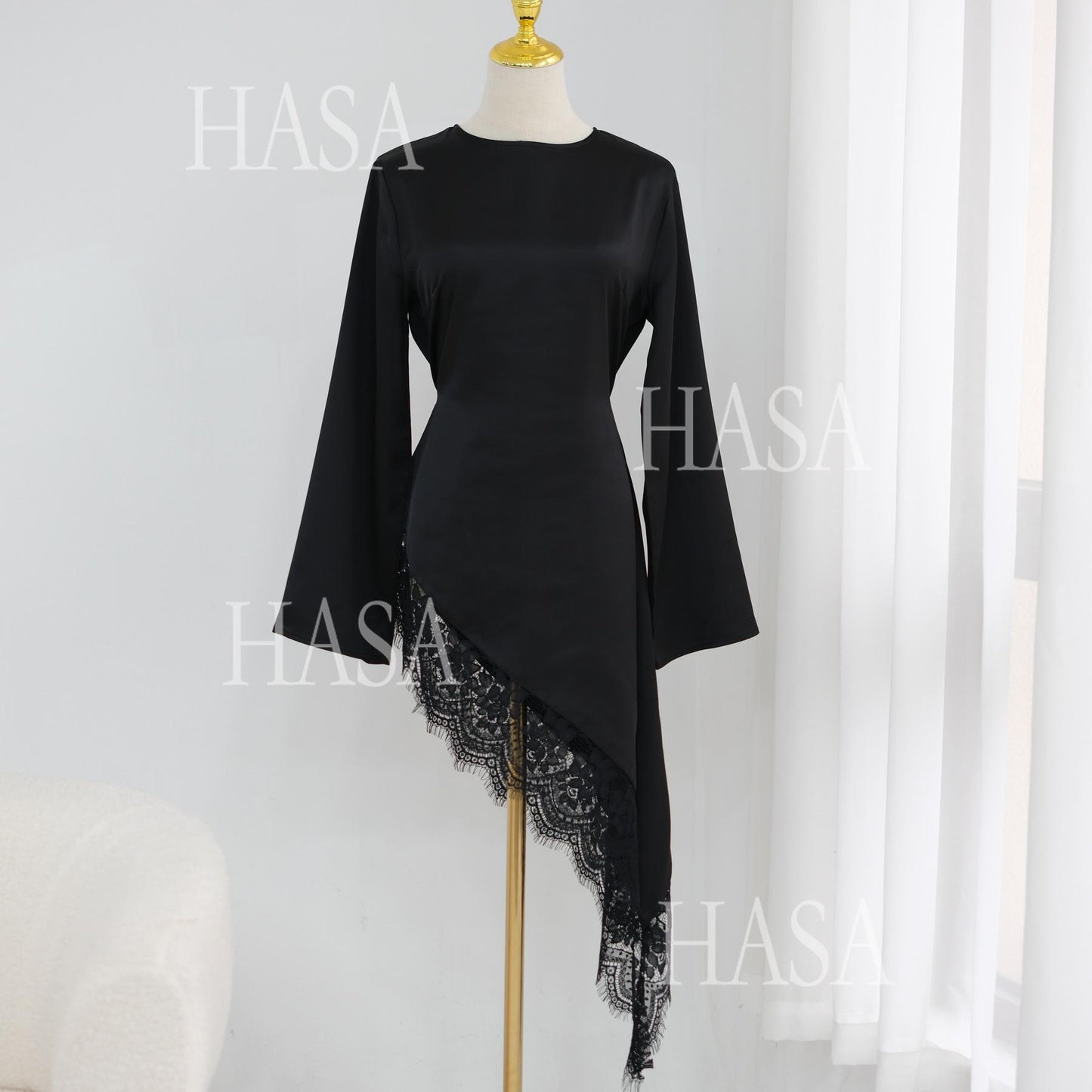 HASA HS6784 Soft Luxury Asymmetric Modest Top with Lace Detail