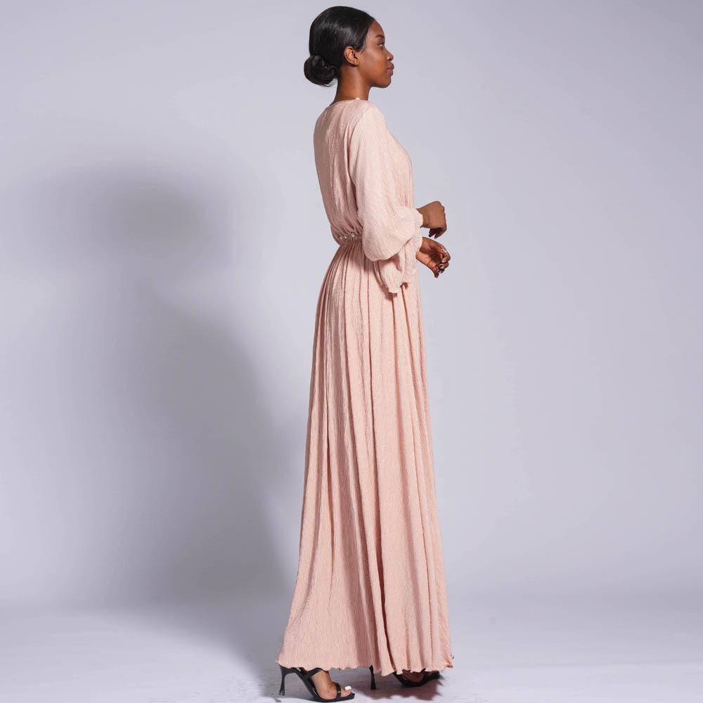 HS0434 Robe longue froissée extensible pour femmes musulmanes, couleur unie, manches cloches