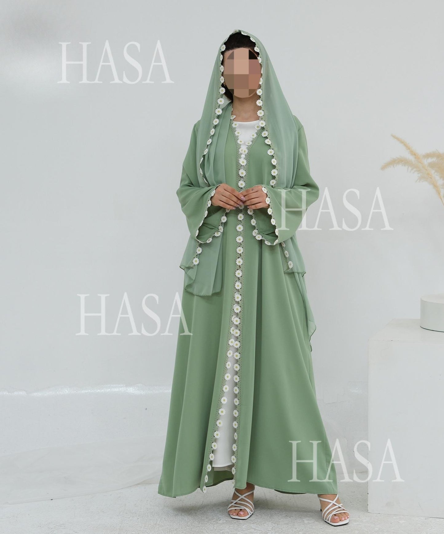 HS6616 Green Flower Stitching Cardigan Two-Piece Set (Including Headscarf)