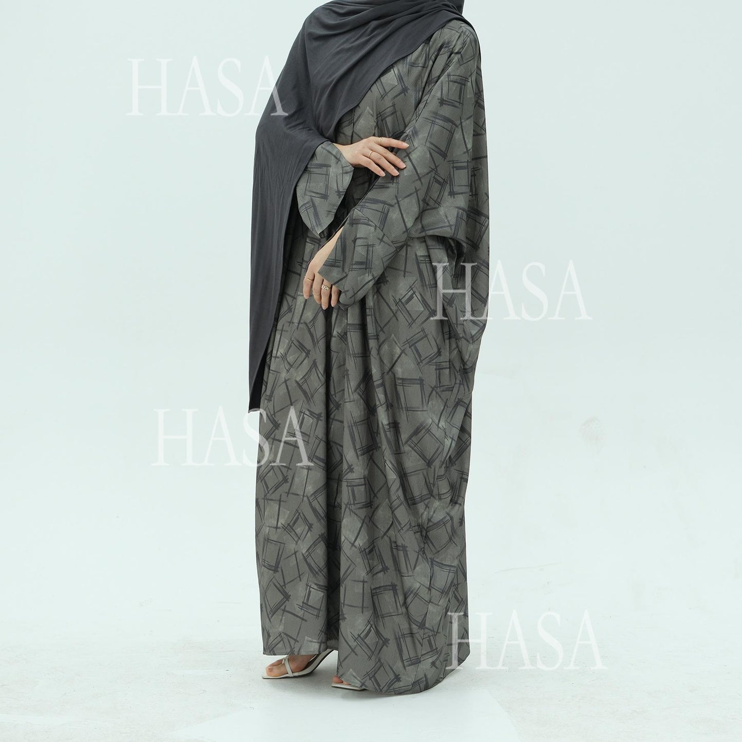 HS6504 Grey geometric print long cardigan Abaya (headscarf not included)