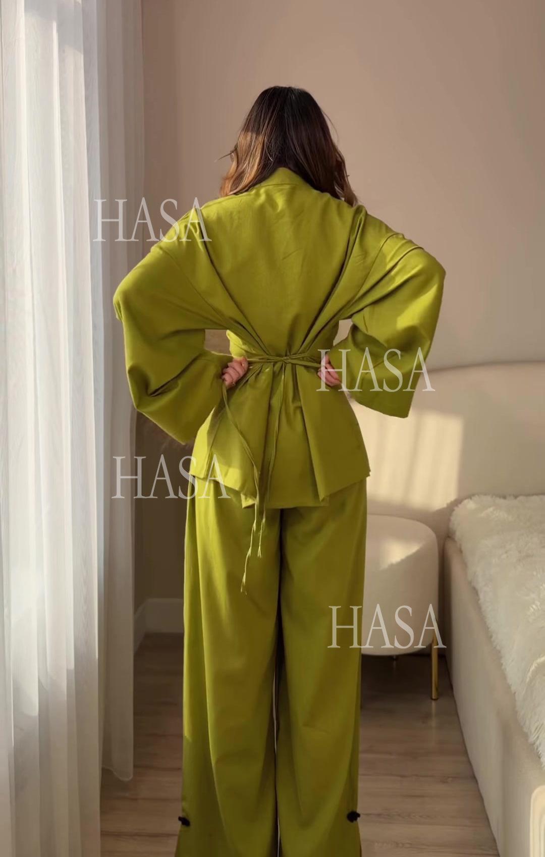 HS6738 Chic Long Sleeve Matching Set with Flowy Pants