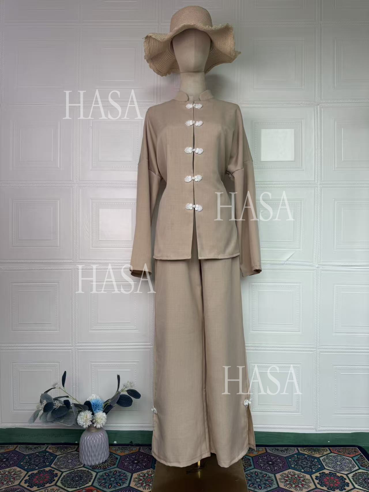 HS6738 Chic Long Sleeve Matching Set with Flowy Pants