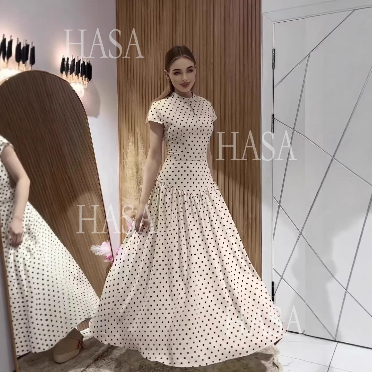 HS6740 Chic Polka Dot Long Dress High Neck Short Sleeve Waisted Maxi Dress