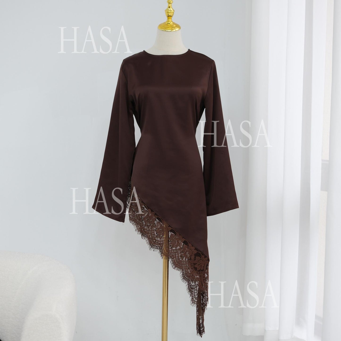 HASA HS6784 Soft Luxury Asymmetric Modest Top with Lace Detail