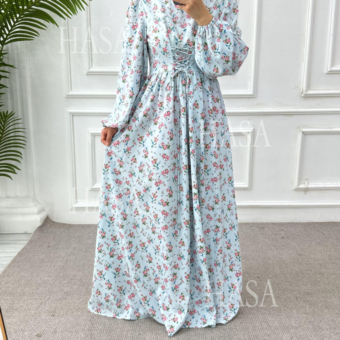 HS6489 Long-sleeved Floral Maxi Dress with Natural Waist