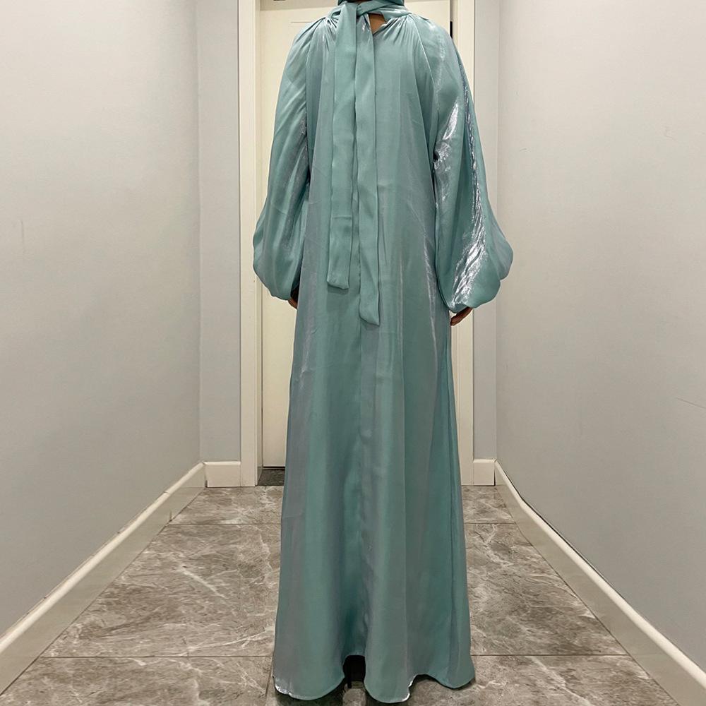 فستان حريري لامع طويل بأكمام واسعة من سلسلة HS10043 HASA، بياقة واقفة وربطة ظهر، فستان نسائي عباية