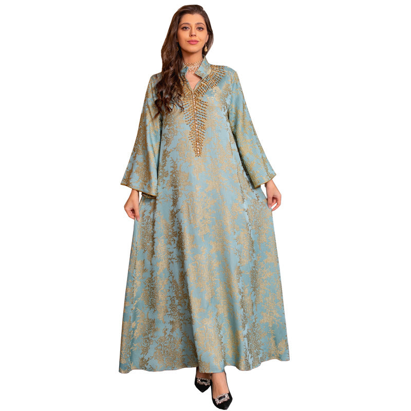 HS6660 Jacquard fabric embroidered beaded robe dress with rich design features