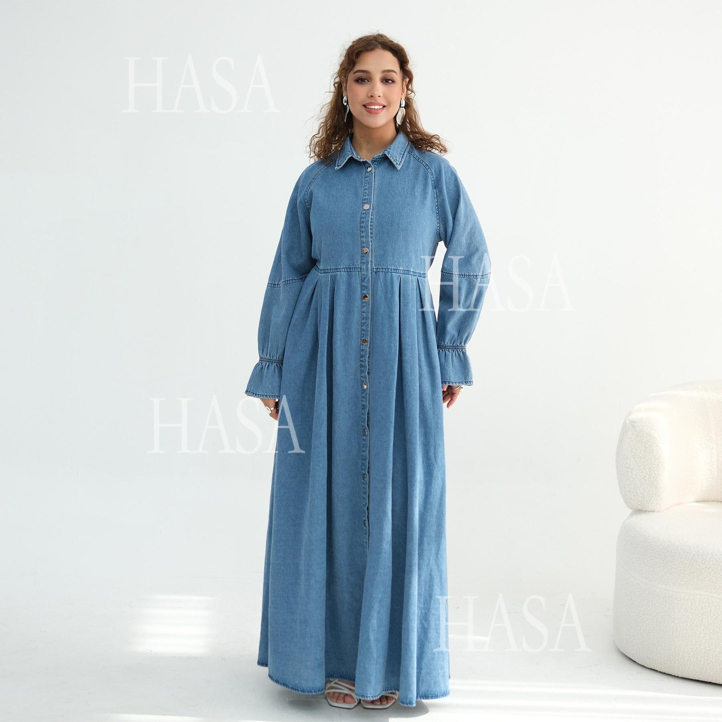 HASA HS6806 Chic Button Front Denim Maxi Dress