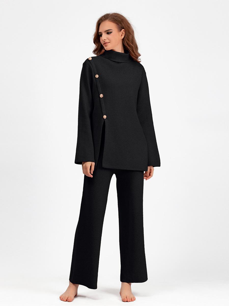 HS0553 Two-Piece Set High-Neck Sweater and Casual Wide-Leg Trousers