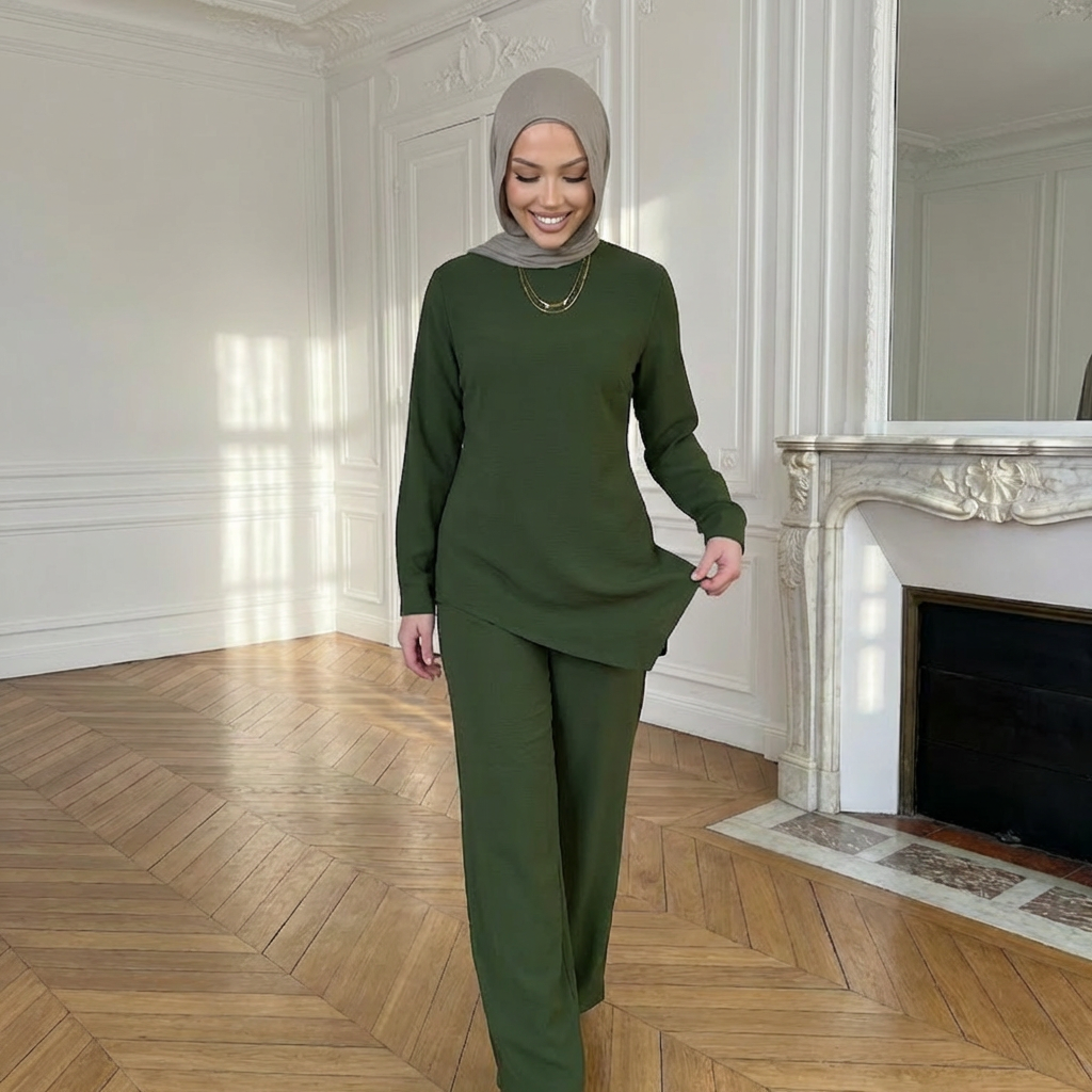 HS6614 Modest Nida Two-Piece Set with Waist Tie & Pocket Trousers