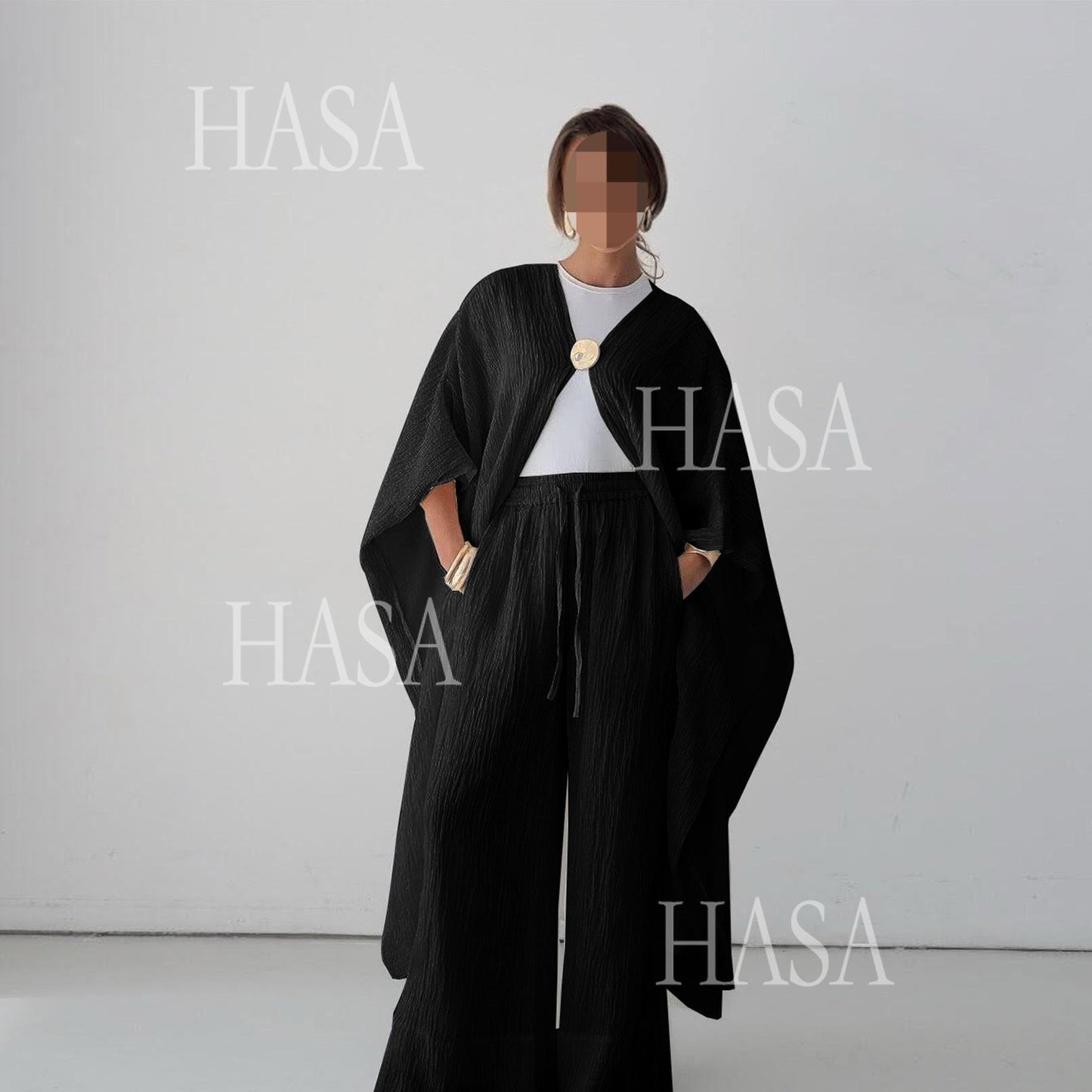 HS6486 Simple Cardigan with Wide-leg Pants, Solid Color Daily Two-piece Suit