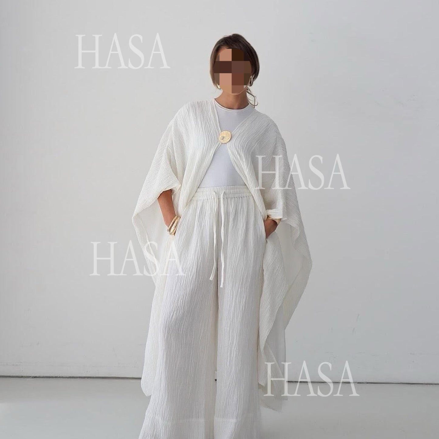 HS6486 Simple Cardigan with Wide-leg Pants, Solid Color Daily Two-piece Suit