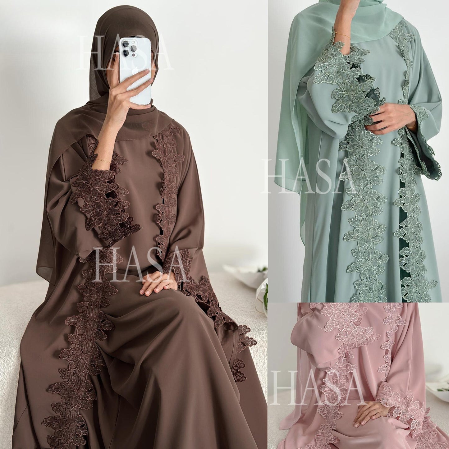 HASA HS6780 Chic Floral Embroidered Open Abaya Two Piece Outfit