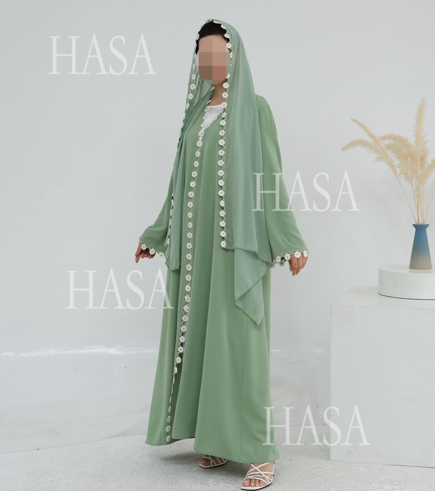 HS6616 Green Flower Stitching Cardigan Two-Piece Set (Including Headscarf)