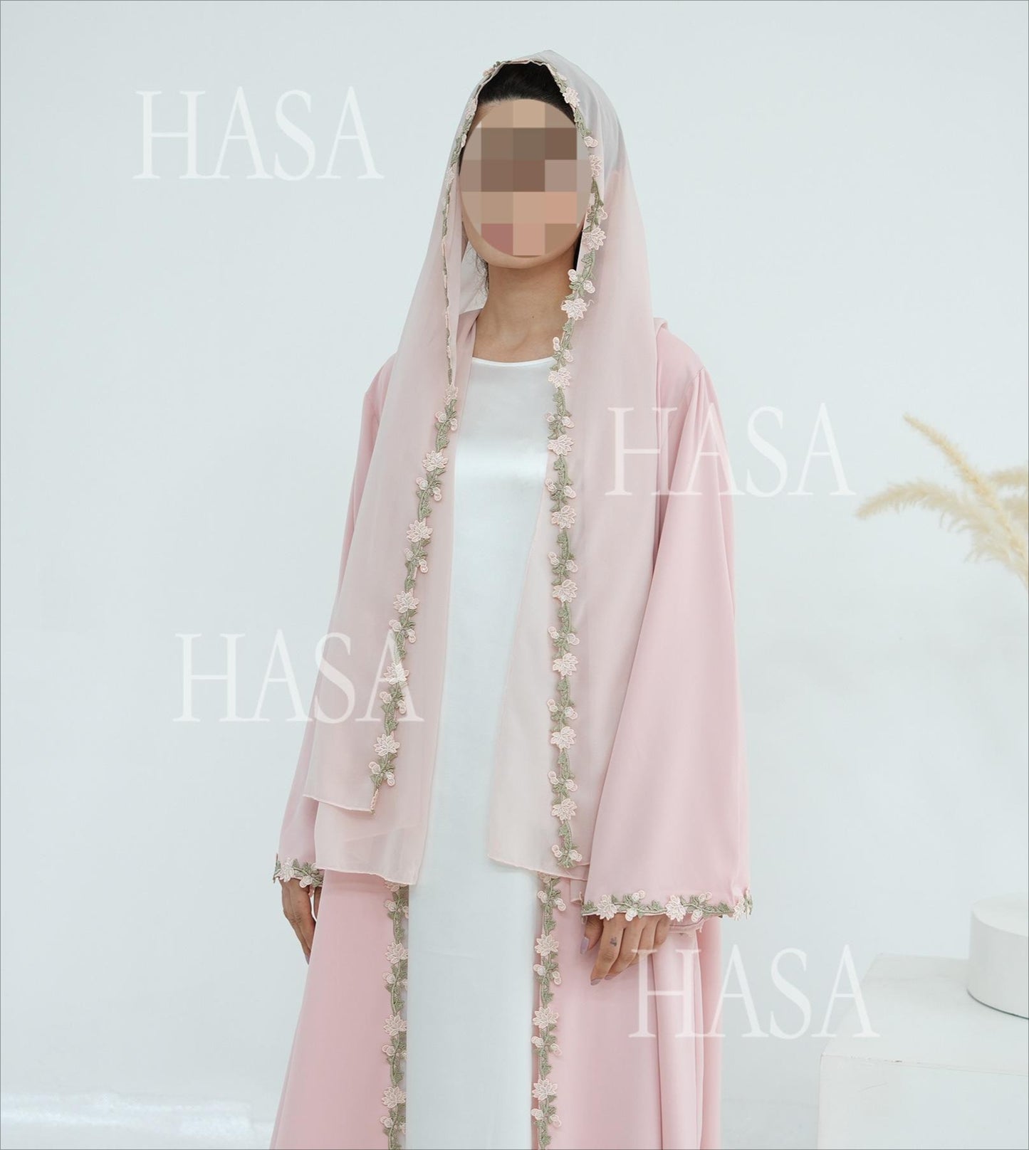HS6618 Pink Flower Stitching Cardigan Two-Piece Set (Including Headscarf)