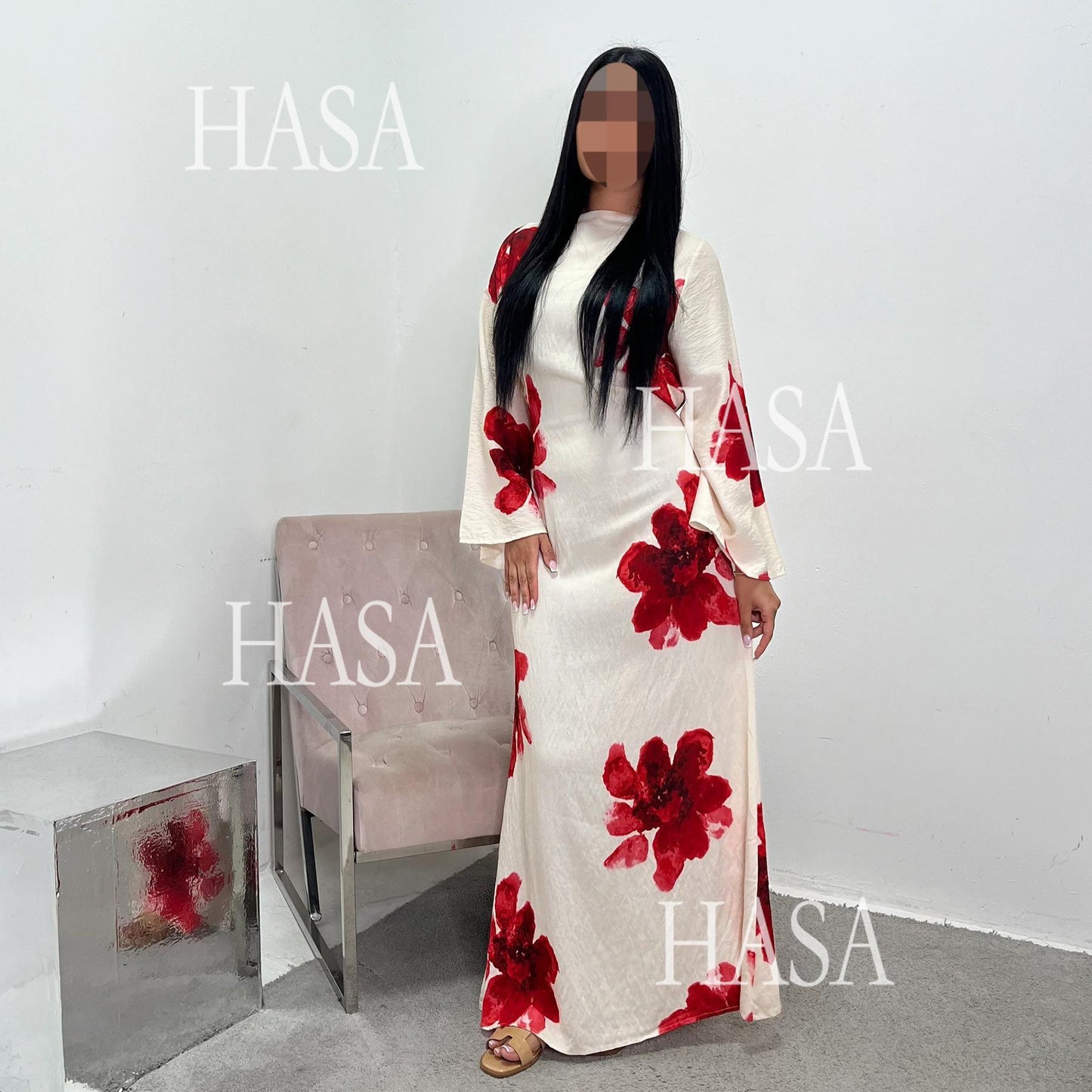 HS6503 Long-sleeved Waist-length Printed Dress (one Piece)
