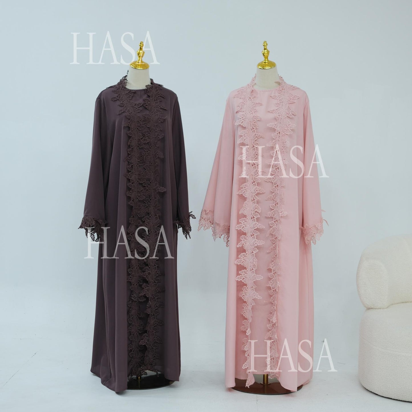 HASA HS6780 Chic Floral Embroidered Open Abaya Two Piece Outfit