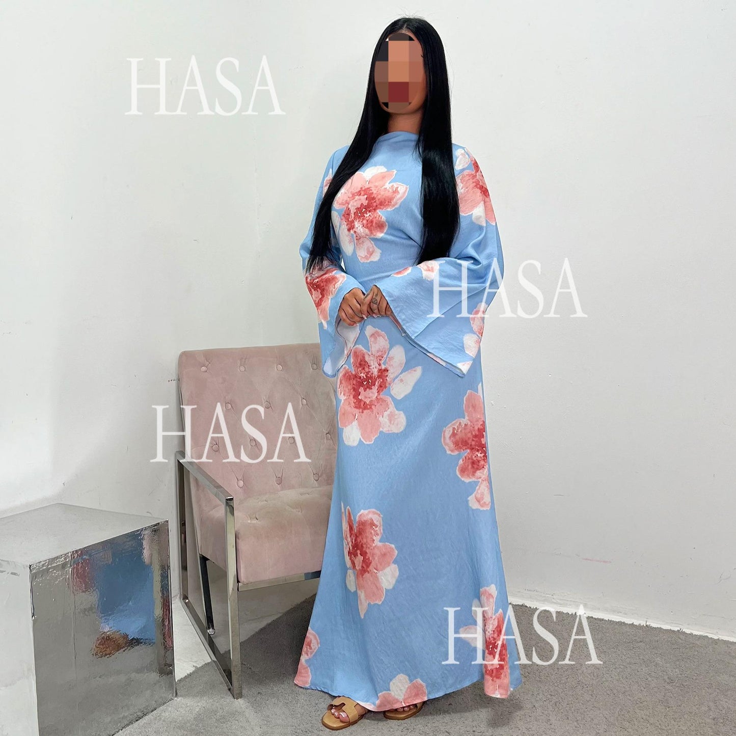 HS6503 Long-sleeved Waist-length Printed Dress (one Piece)
