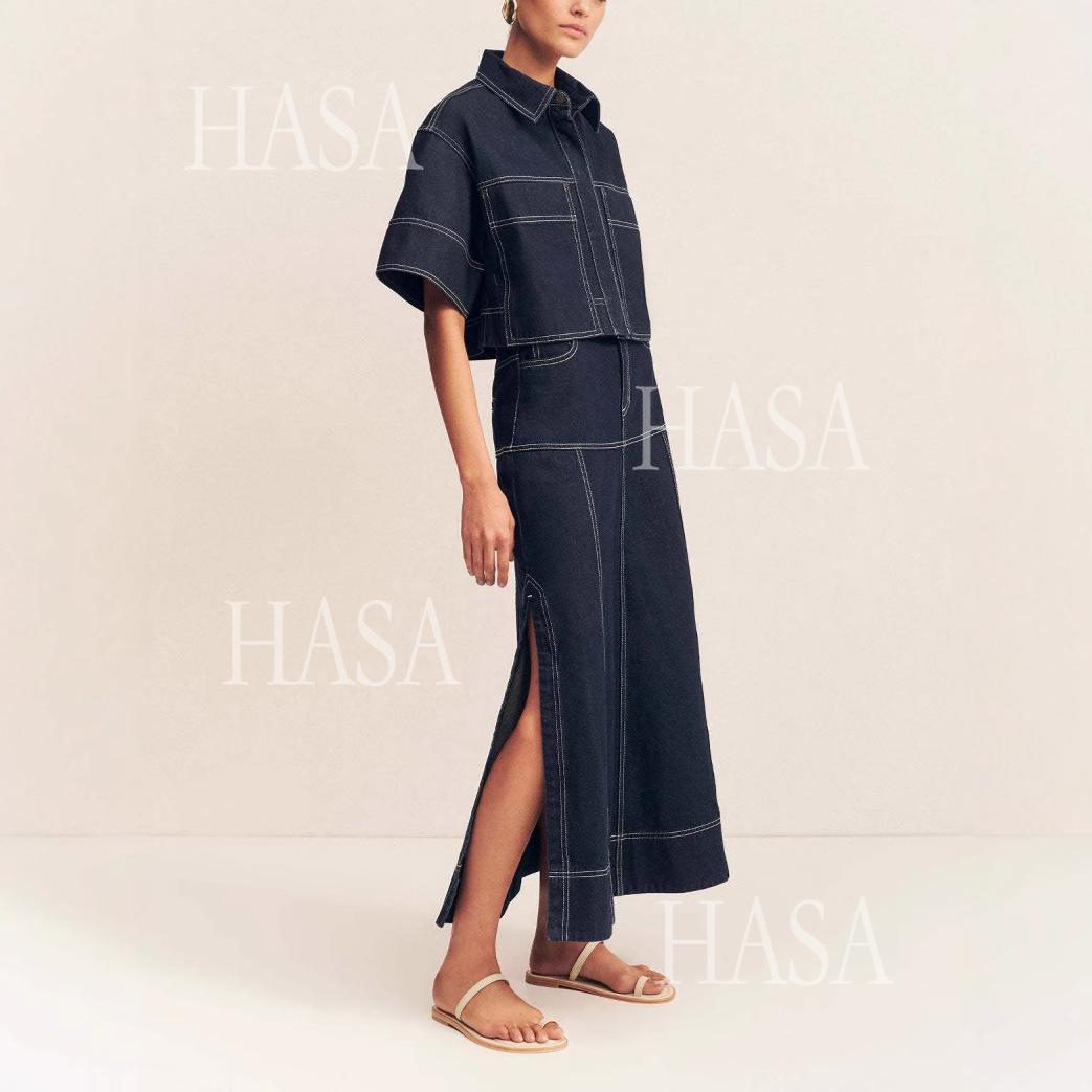 HASA HS6794 Trendy Dark Wash Denim Maxi Skirt Matching Set