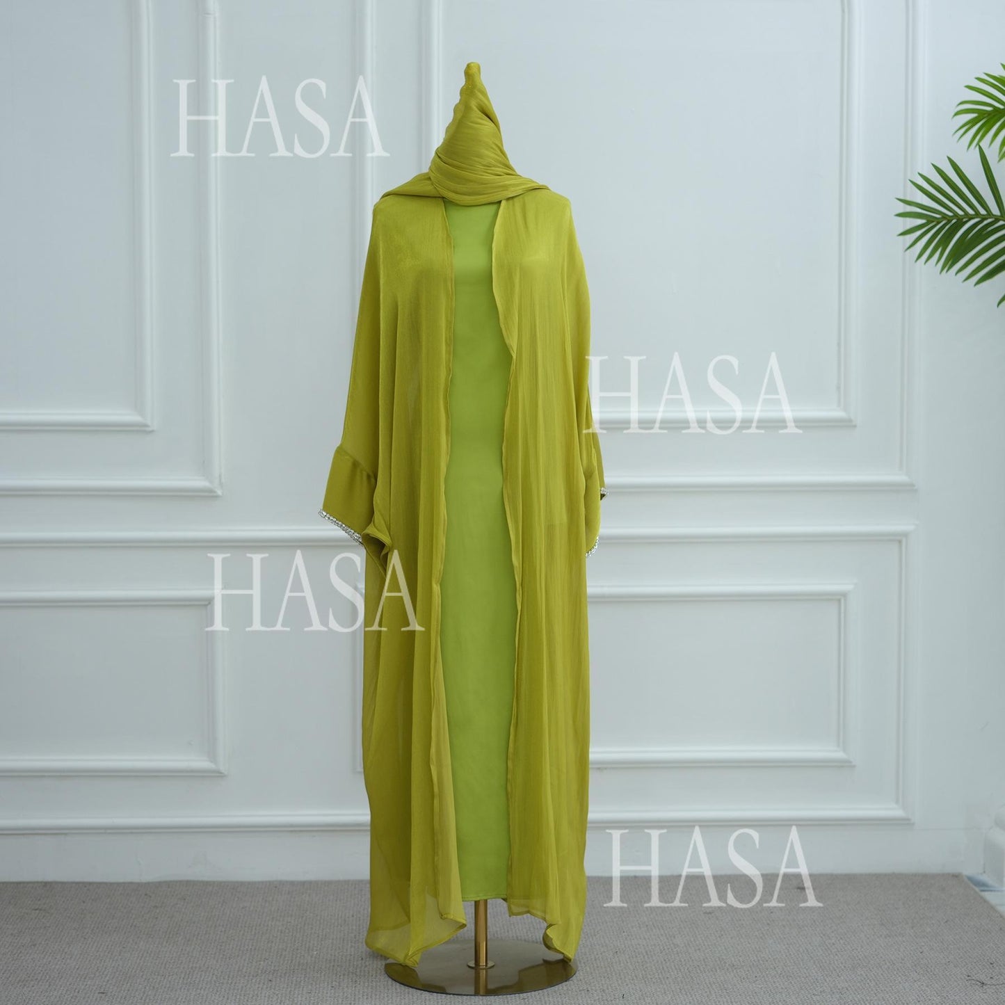 HS6553  Two-Piece Solid Abaya with Beaded Details and Matching Scarf Option
