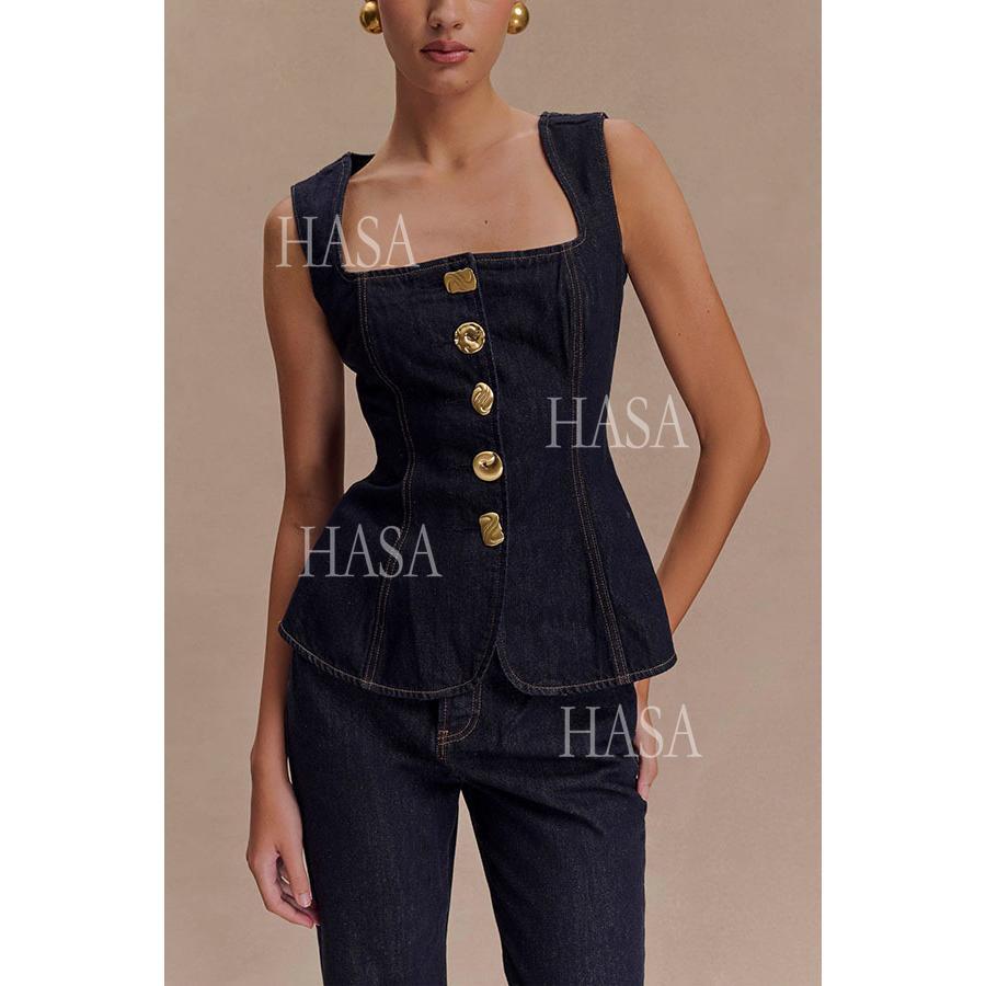 HASA HS6253 Trendy Structured Denim Co Ord Set with Gold Button Detail
