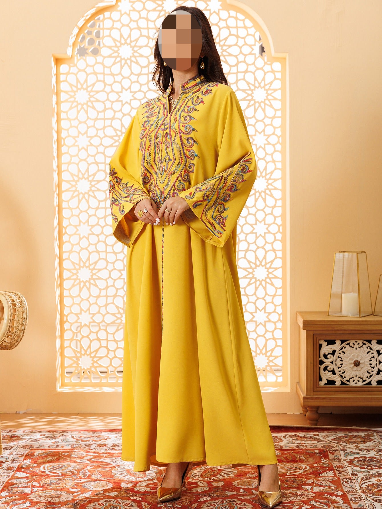 HS6669 Pullover Embroidered Robe Dress with Simple Long Sleeves