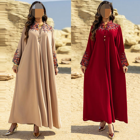 HS6655 Embroidered loose-fitting long dress | Soft drape and delicate cuff design