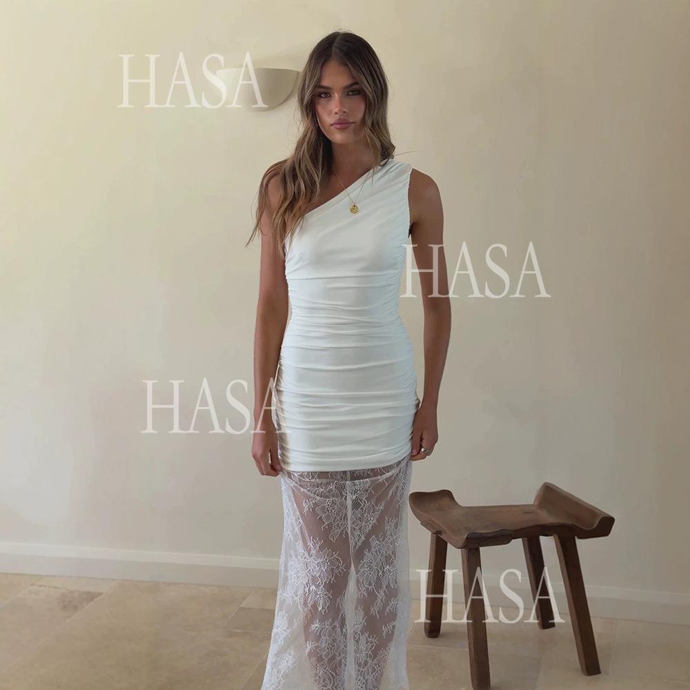 HASA HS6772 Slim Fit One Shoulder Mesh Lace Evening Dress
