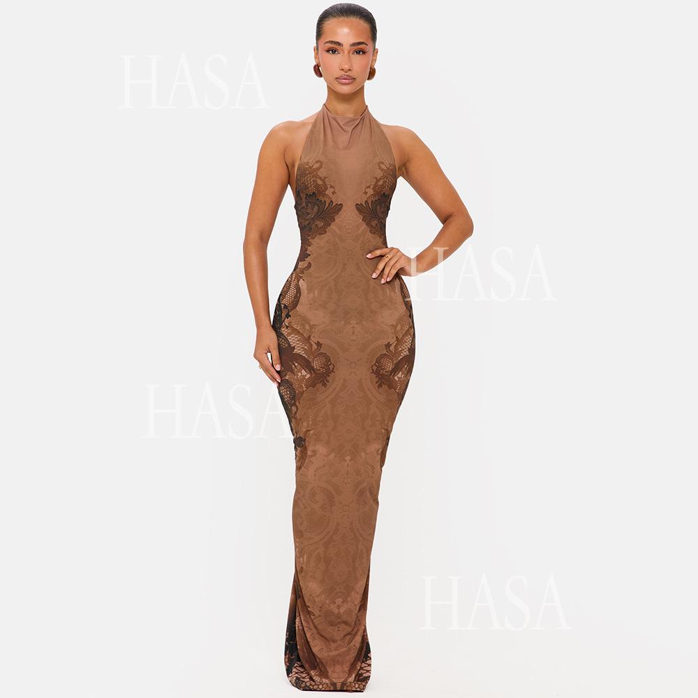 HASA HS6768 Elegant Open Back Slim Fit Maxi Dress