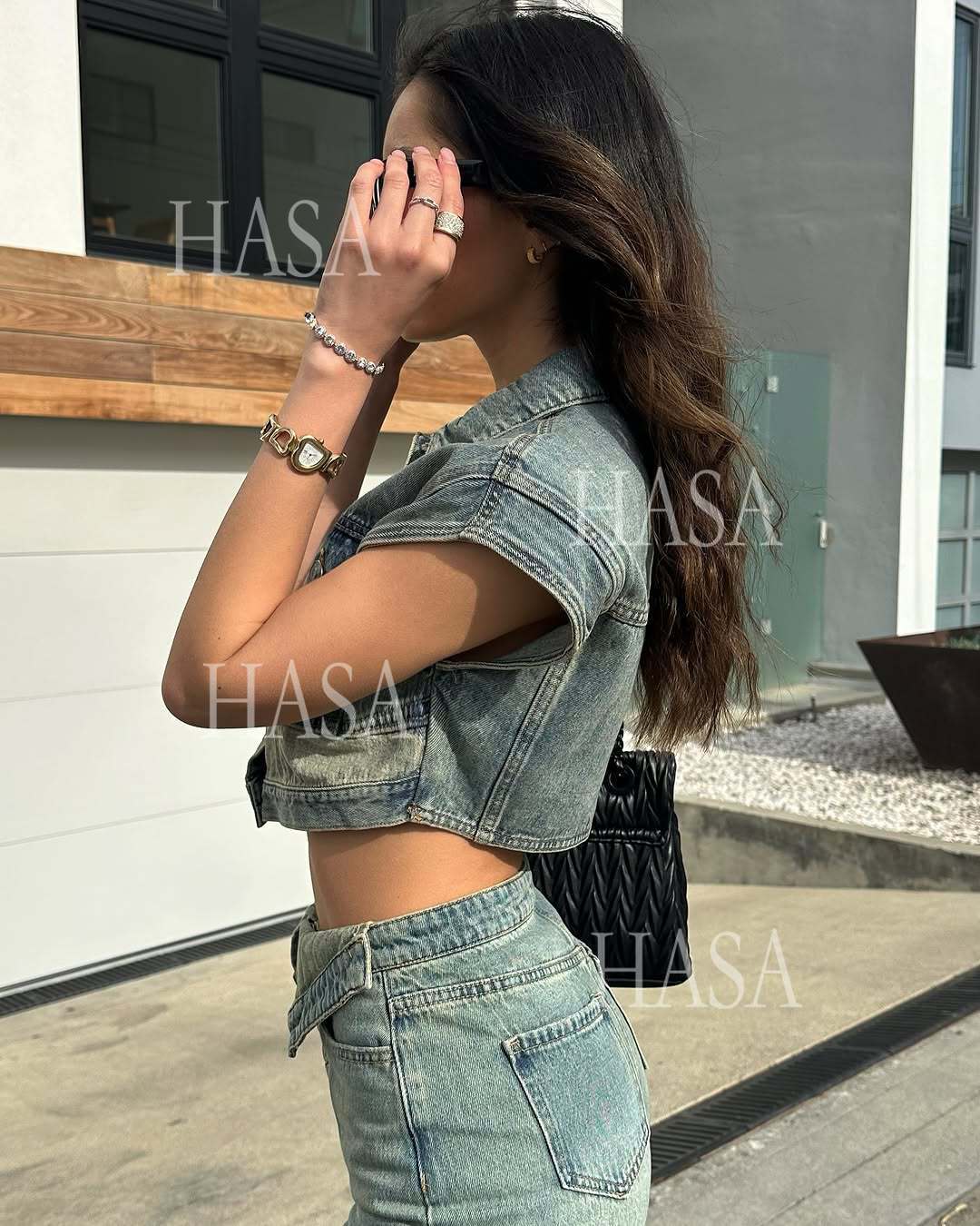 HASA HS6275 Cool Streetwear Denim Two Piece Shorts Set with Cropped Top