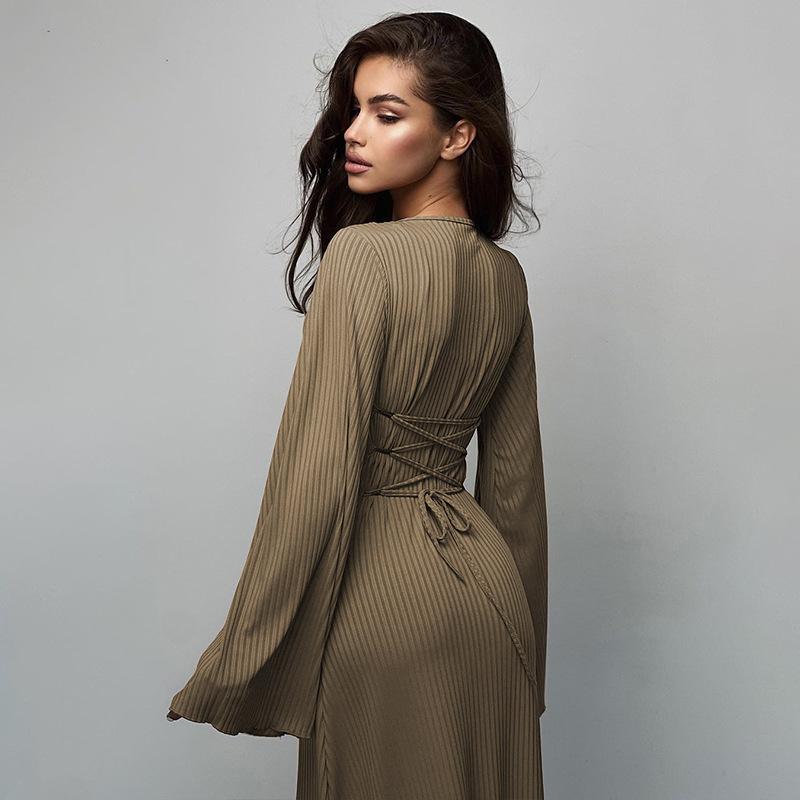 HASASERIES HS0676 Flared Long Sleeved High Waist Maxi Skirt with Lace-up Back