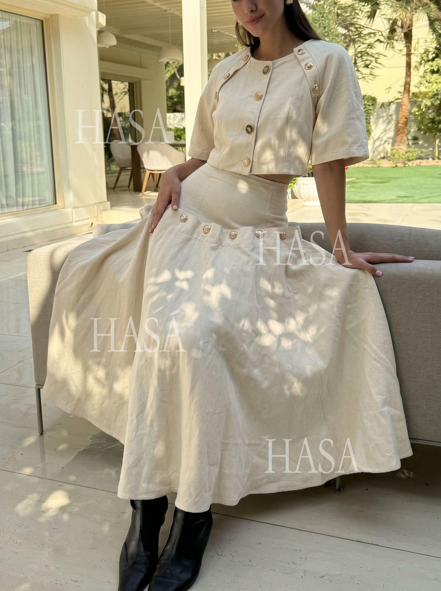HASA HS6786 Luxury Look Dark Wash Denim Crop Top and Long Skirt Outfit