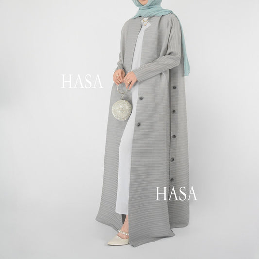 HS6160 Elegant Long Sleeve Abaya in Solid Tone with Pleats and Button Detail At Collar