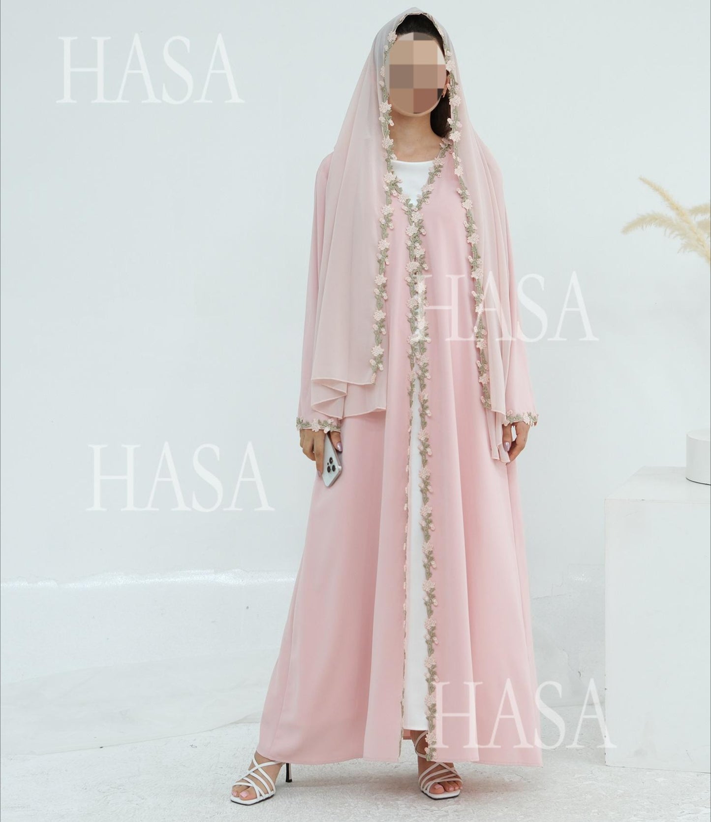 HS6618 Pink Flower Stitching Cardigan Two-Piece Set (Including Headscarf)