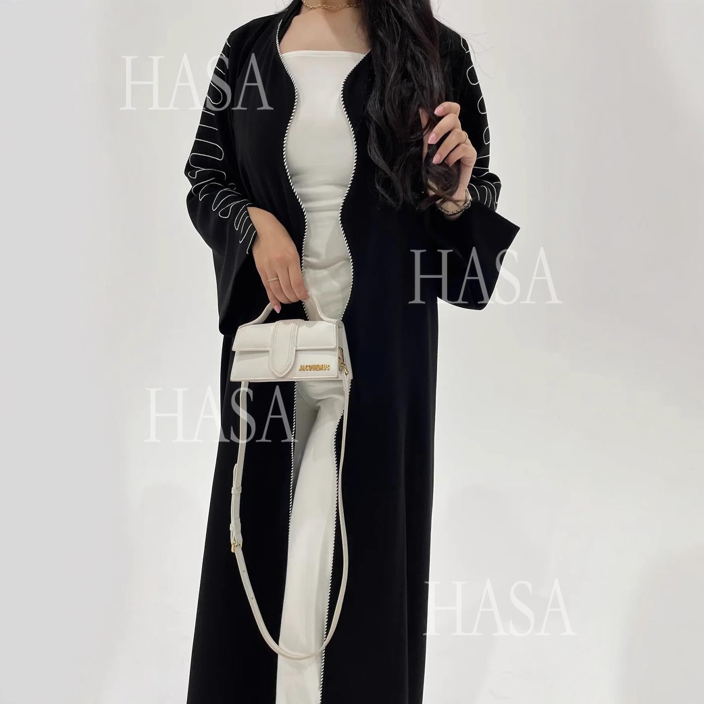 HASA's Series HS6582 Abaya Women's Long Embroidered Cardigan Jacket with Wavy Edges