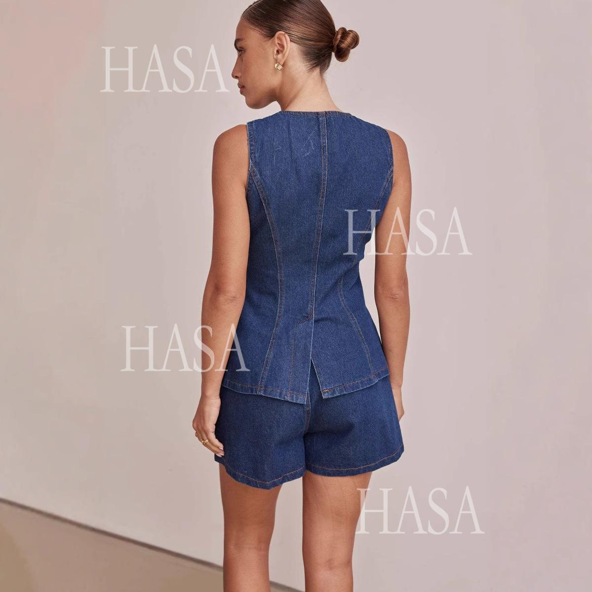 HASA HS6097 Women’s Button Front Denim Top with Matching Shorts