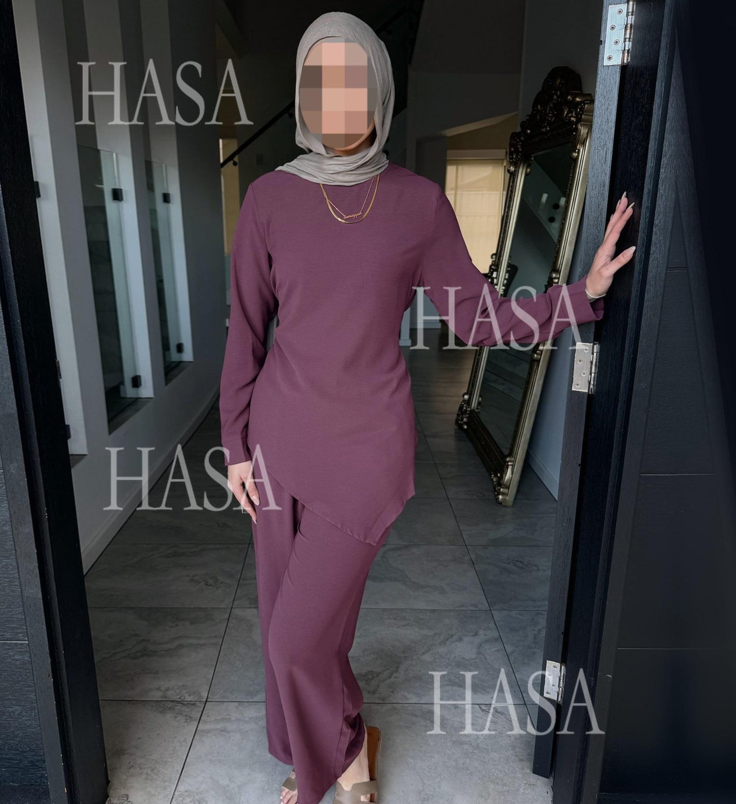HS6614 Simple solid color two-piece casual suit (excluding headscarf)