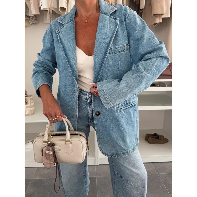 HS6181 Fashionable Casual Loose Washed Blue Denim Women's Blazer