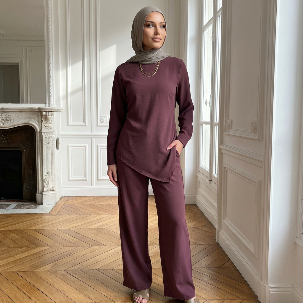 HS6614 Modest Nida Two-Piece Set with Waist Tie & Pocket Trousers