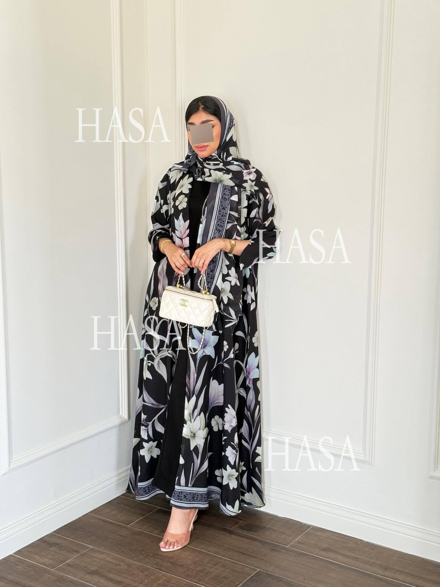 HASA HS6810 Luxury Floral Open Front Abaya Set