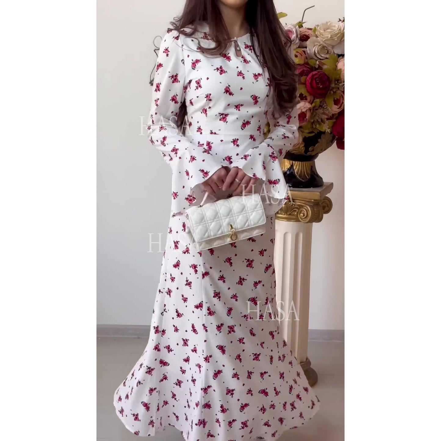 HS6744 Chic White Floral Long Dress Flare Sleeve Maxi Dress