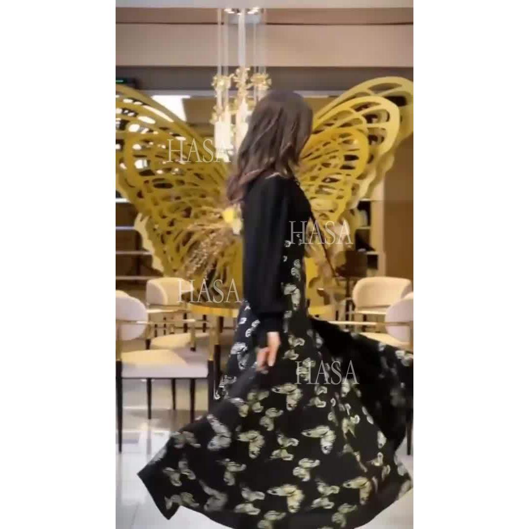 HS6734 Flowy Feminine Maxi Dress with Embroidered Butterfly Design