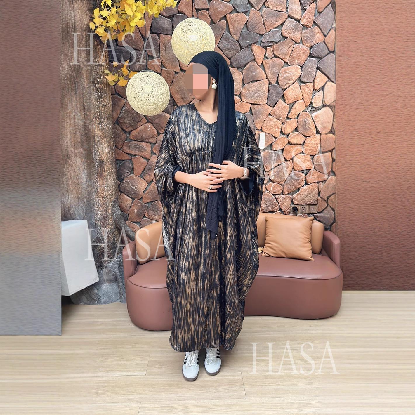 HS6566 Long-sleeved Printed Batwing Sleeve Loose Dress